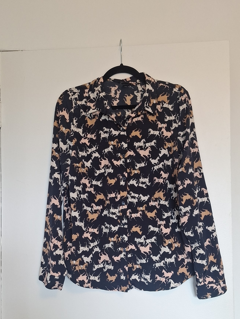 H&M Black Button-Down Blouse with Cream and Tan Horse Print